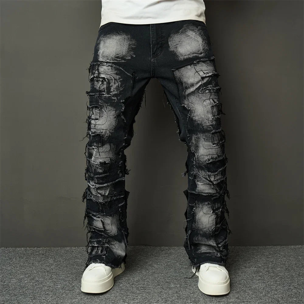 Fashion Streetwear HipHop Patch Spliced Men Straight Jeans Distressed Male Slim Biker Denim Pants