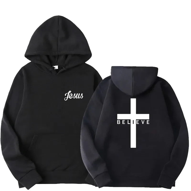 Men's Believe Cross Jesus Printed Hoodies Man Design Drawstring Hoodie Tops Harajuku Spring Autumn Hooded Streetwear Sportwear