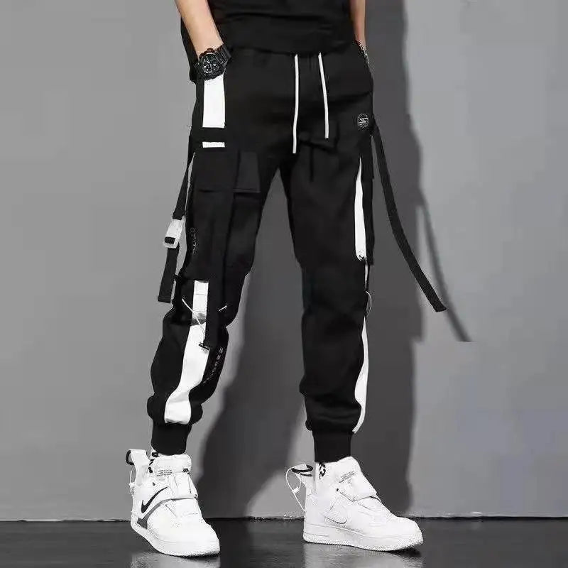 Classic Streetwear Hip Hop Joggers Men Letter Ribbons Cargo Pants Pockets Track Tactical Casual Male Trousers Sweatpant KZ99