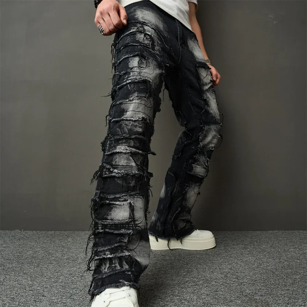 Fashion Streetwear HipHop Patch Spliced Men Straight Jeans Distressed Male Slim Biker Denim Pants