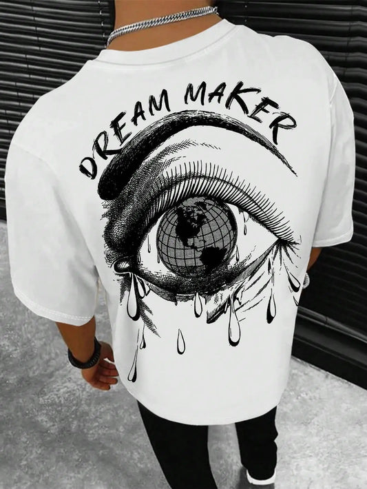 Dream Maker Tearful Earth Printing T-Shirt Men Clothes Summer Loose Tee Cotton Casual Street Tshirt Hip Hop Oversize T Shirts