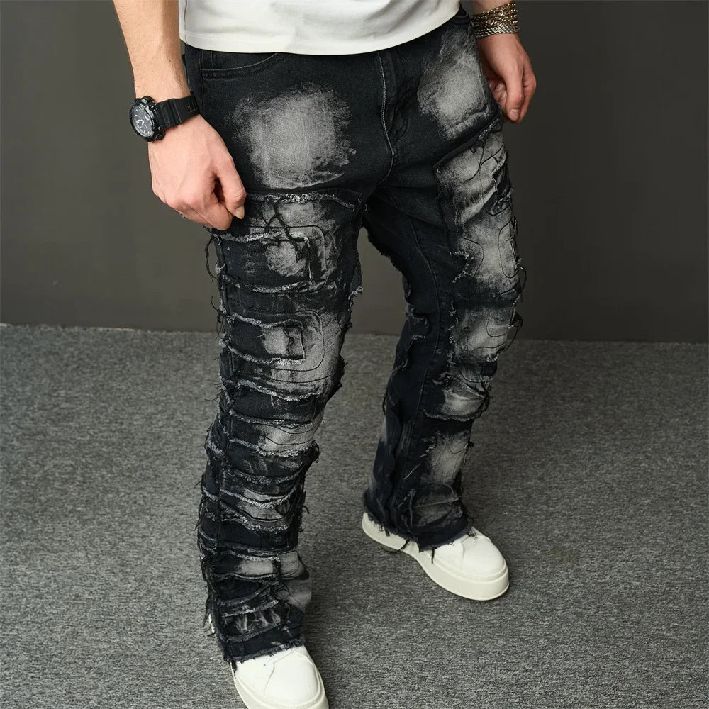 Fashion Streetwear HipHop Patch Spliced Men Straight Jeans Distressed Male Slim Biker Denim Pants