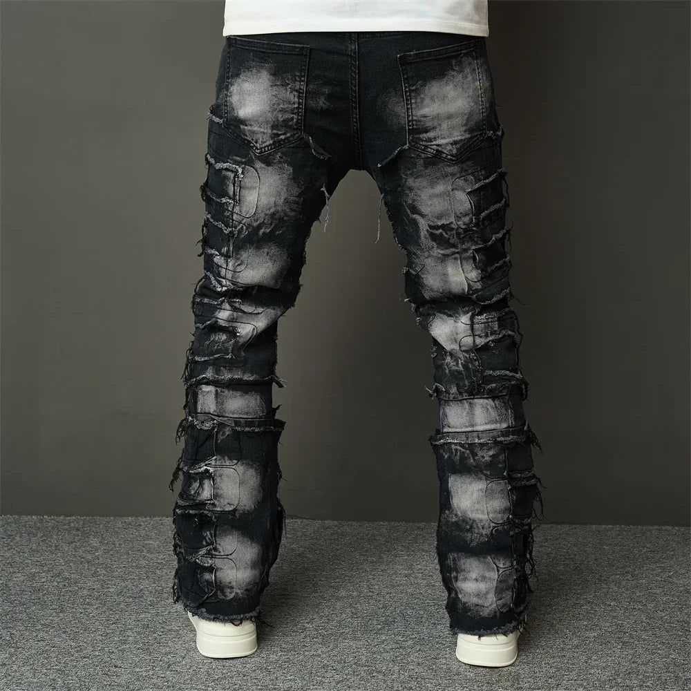 Fashion Streetwear HipHop Patch Spliced Men Straight Jeans Distressed Male Slim Biker Denim Pants