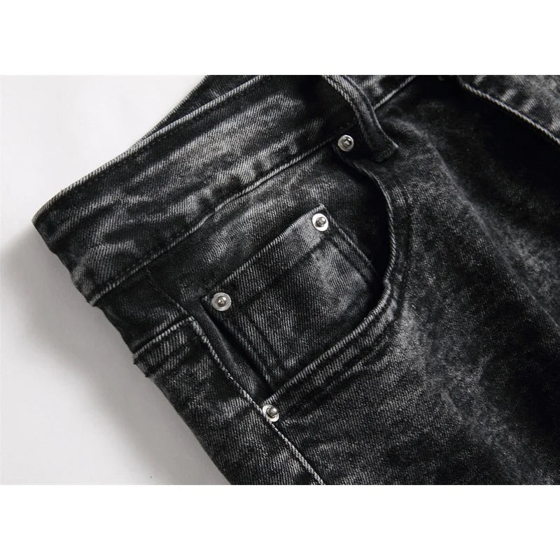 Slim Fit Elastic Black Cotton Embroidered Leather Label With Broken Hole Star Fashion Men's Jeans