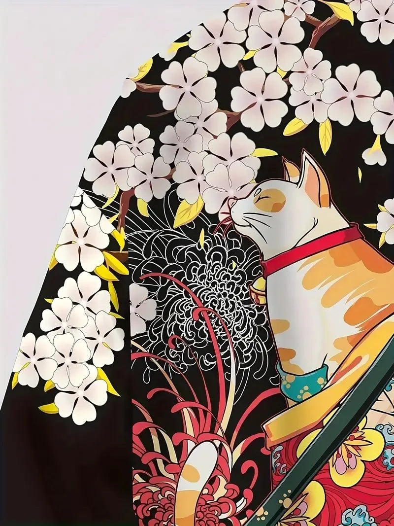 Flower Cat 3D Graphic Print Men's Spring Summer Shirt, Japanese Kimono, Retro Men's Casual Cardigan Top, Creative Gift for Man