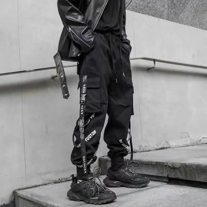 Classic Streetwear Hip Hop Joggers Men Letter Ribbons Cargo Pants Pockets Track Tactical Casual Male Trousers Sweatpant KZ99