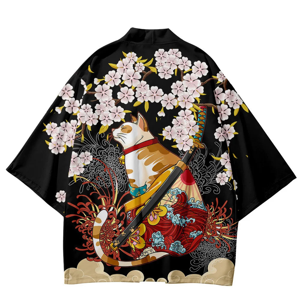 Flower Cat 3D Graphic Print Men's Spring Summer Shirt, Japanese Kimono, Retro Men's Casual Cardigan Top, Creative Gift for Man