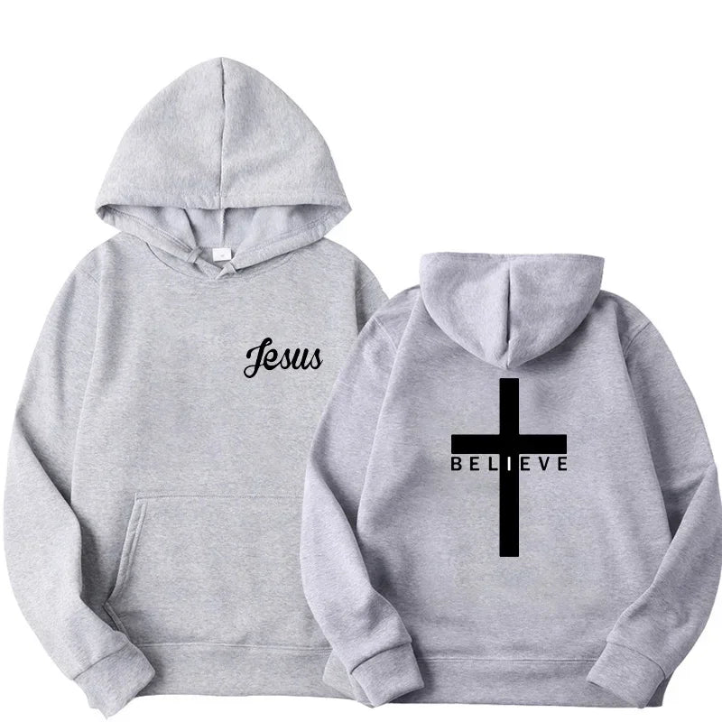 Men's Believe Cross Jesus Printed Hoodies Man Design Drawstring Hoodie Tops Harajuku Spring Autumn Hooded Streetwear Sportwear