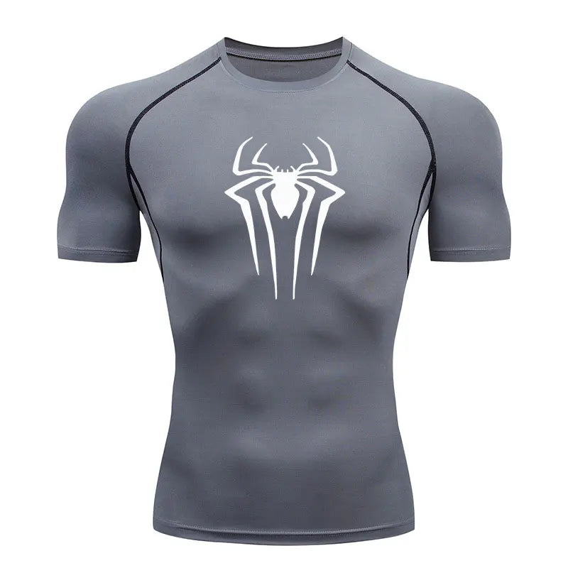 GYM Compression Tshirts Sport Workout Y2K Spider Print T-shirts Mens Running Fitness Tight Summer Sportswear Top Tee