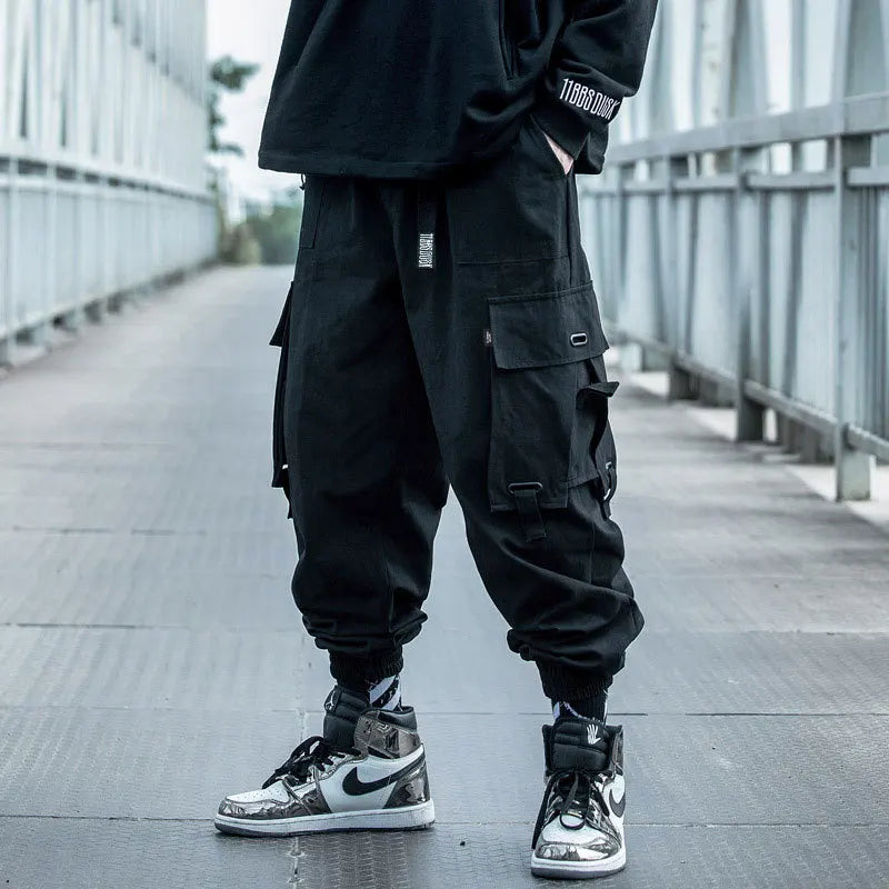 Classic Streetwear Hip Hop Joggers Men Letter Ribbons Cargo Pants Pockets Track Tactical Casual Male Trousers Sweatpant KZ99