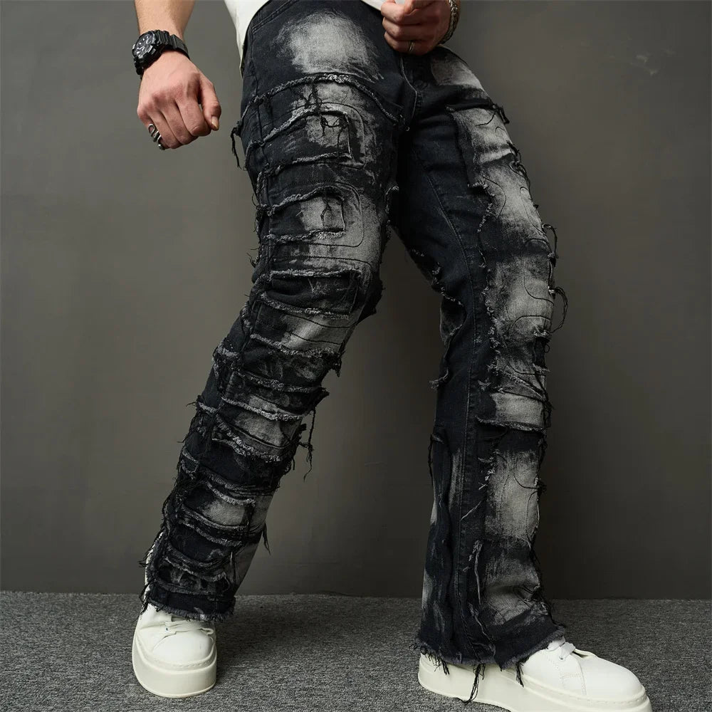 Fashion Streetwear HipHop Patch Spliced Men Straight Jeans Distressed Male Slim Biker Denim Pants