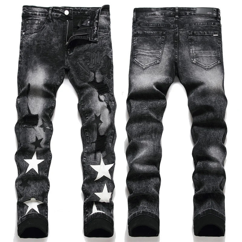 Slim Fit Elastic Black Cotton Embroidered Leather Label With Broken Hole Star Fashion Men's Jeans