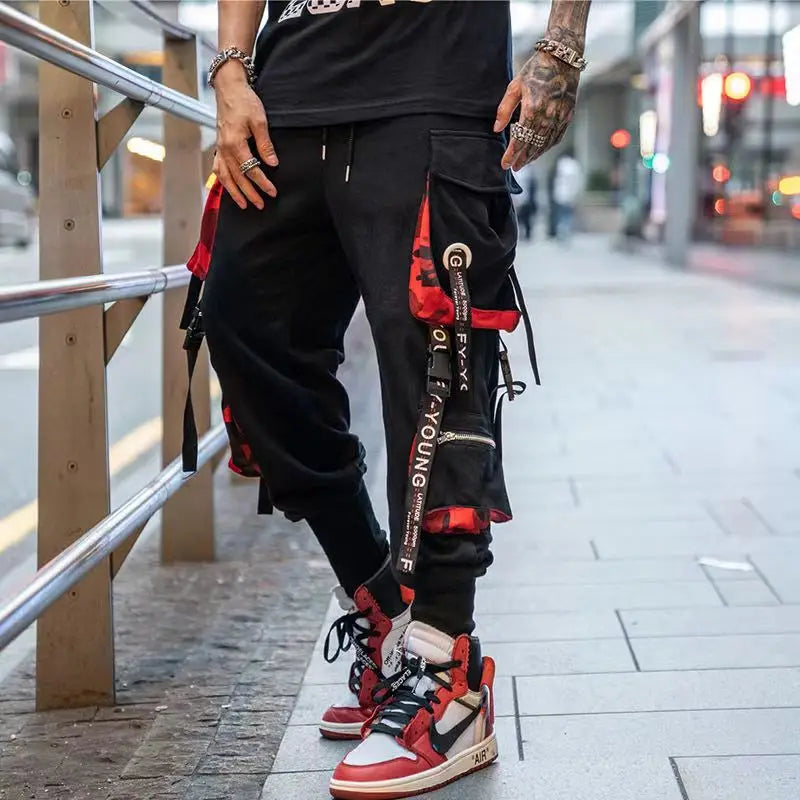 Classic Streetwear Hip Hop Joggers Men Letter Ribbons Cargo Pants Pockets Track Tactical Casual Male Trousers Sweatpant KZ99