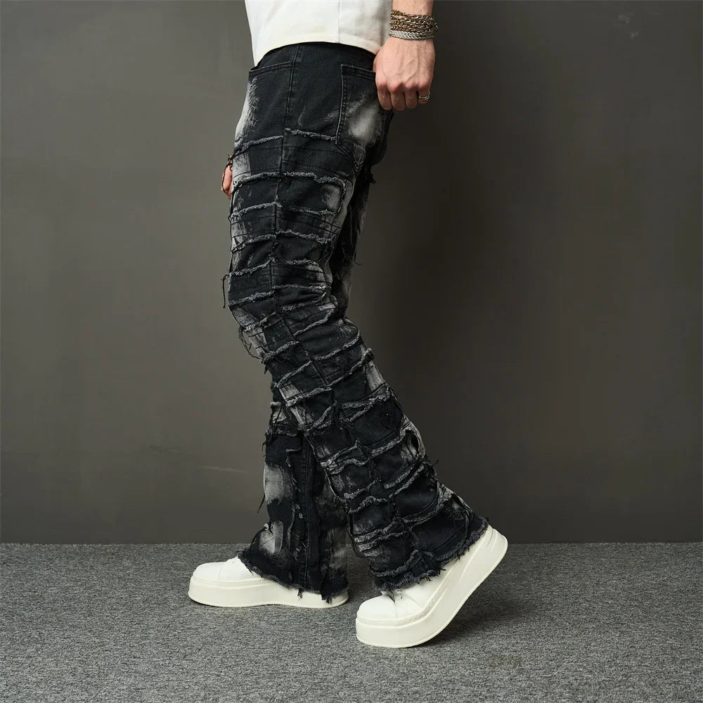 Fashion Streetwear HipHop Patch Spliced Men Straight Jeans Distressed Male Slim Biker Denim Pants