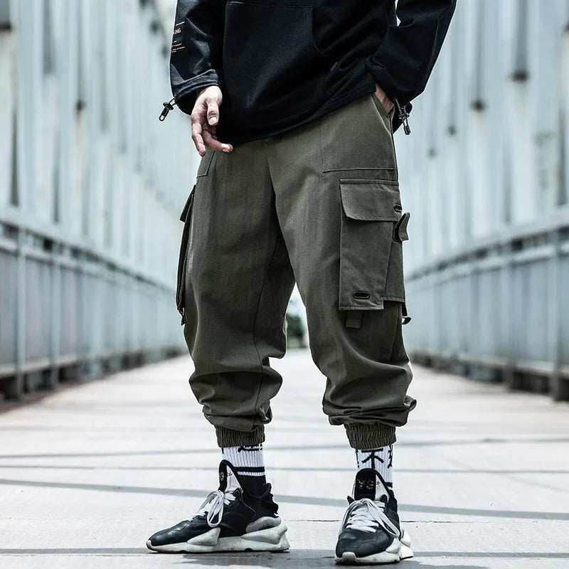 Classic Streetwear Hip Hop Joggers Men Letter Ribbons Cargo Pants Pockets Track Tactical Casual Male Trousers Sweatpant KZ99